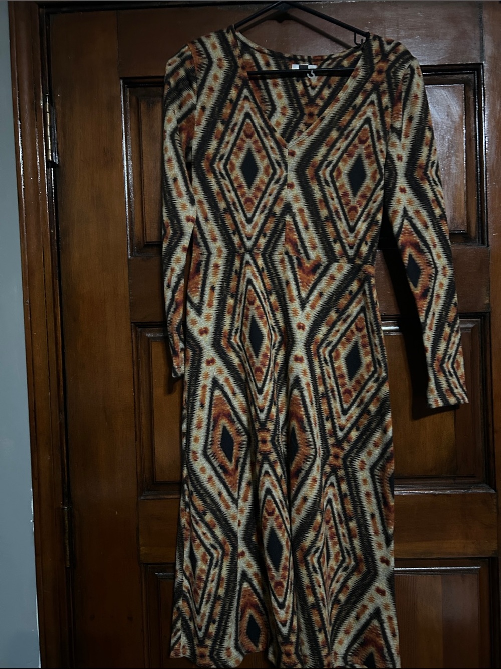 Olivia Matthews Long-Sleeve Geometric Maxi Dress - Brown, Black, Cream